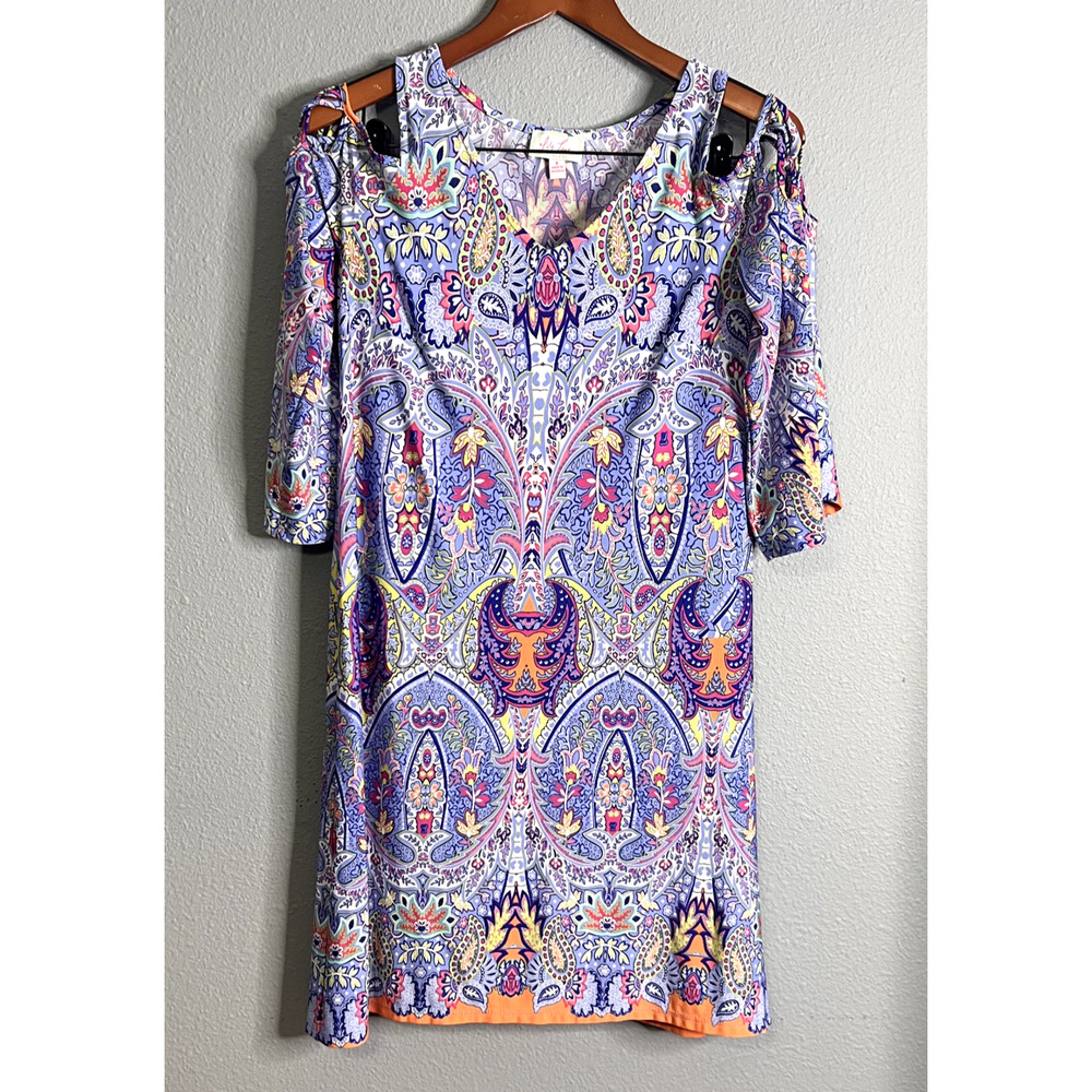 Ivy Lane Womens Small Dress Multi Foral V Neck Abstract Cold Shoulder Cutouts